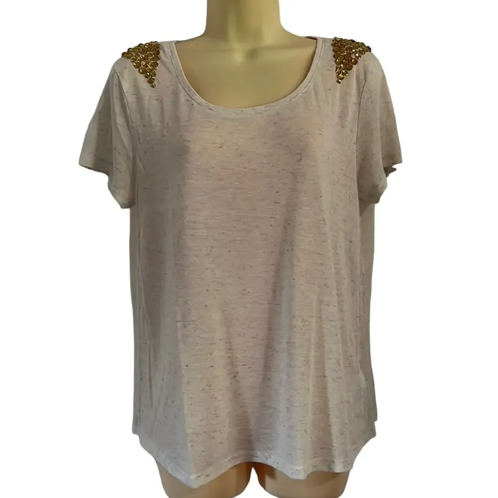 H&M Beige Oatmeal Fleck Knit Top wi Jewel Embellishments Woman Size Medium Y2K - Picture 1 of 9